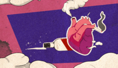 Ilustracja – anatomiczne serce z dymiącym papierosem wystającym z jednej z żył, dymem wydobywającym się z jednej z tętnic, w tle leży butelka z wylanym alkoholem
