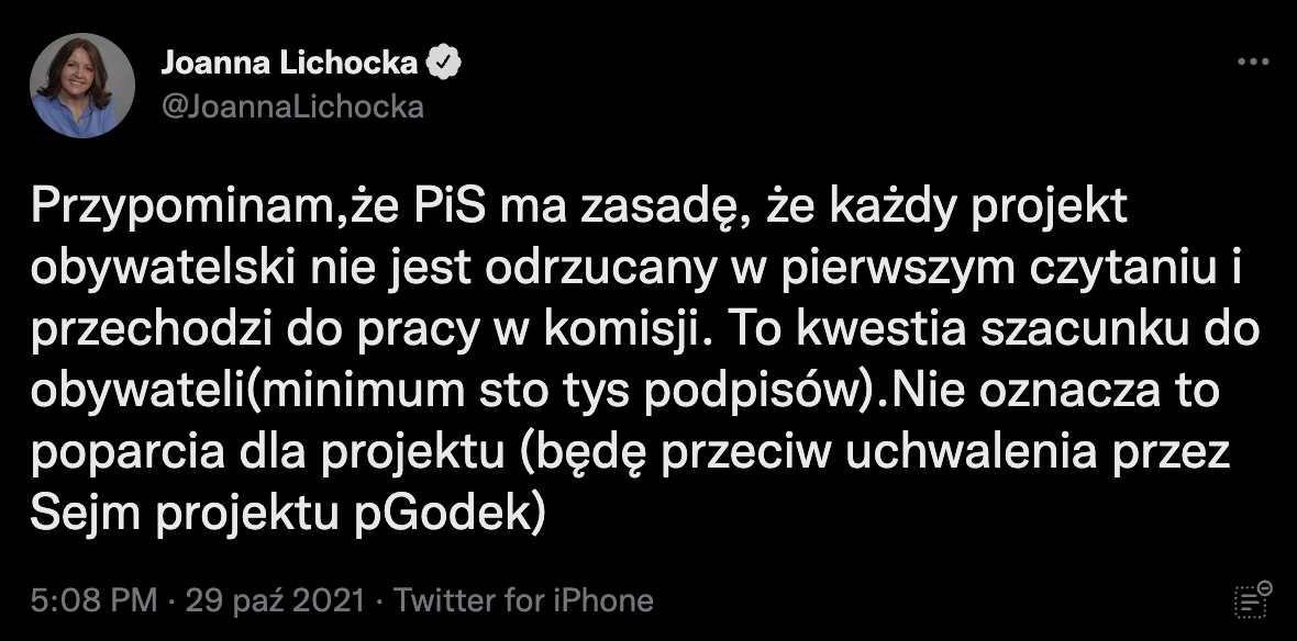 Joanna Lichocka: „PiS ma zasadę, że każdy projekt obywatelski nie jest odrzucany w pierwszym czytaniu". PiS nie ma takiej zasady. Źródło: Twitter