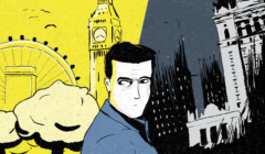 Ilustracja - postać mężczyzny patrząca za siebie, z lewej strony kadru utrzymana w jasnych kolorach scena z widocznym kawałkiem parku, London Eye i Big Benem, z prawej strony scena utrzymana w ciemnych barwach, z widocznym Pałacem Kultury i Nauki i tłumem ludzi