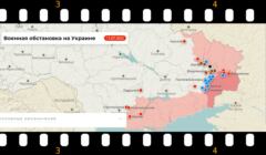 Mapa Ukrainy z napisami po rosyjsku i dużą liczbą niebieskich kółek na zacgodniej granicy Donbasu