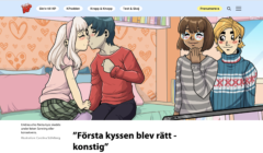 fragment szwedzkiej strony internetowej z rysunkiem całujących się nastolatków