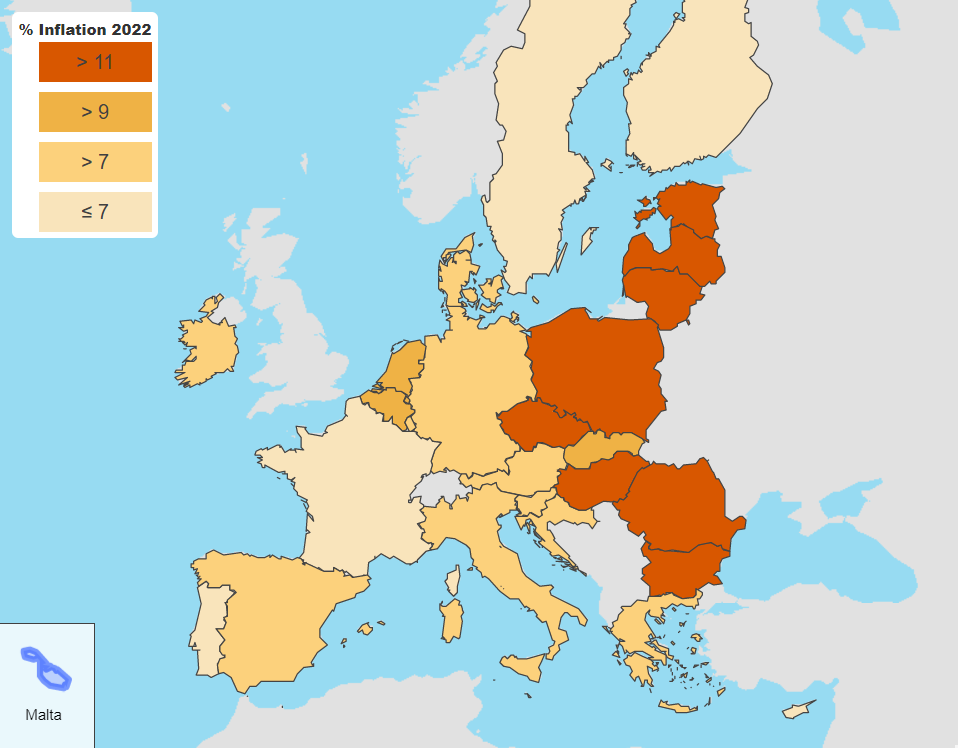 Harta Europei cu țările din Europa Centrală și de Est evidențiate cu portocaliu, unde rata inflației este cea mai mare