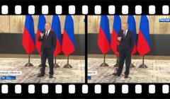 Grafika: na zarysie taśmy filmowej dwa ujęcia przemawiającego Putina (jednak reka w kieszeni, gestykuluje drugą ręka i nogą)